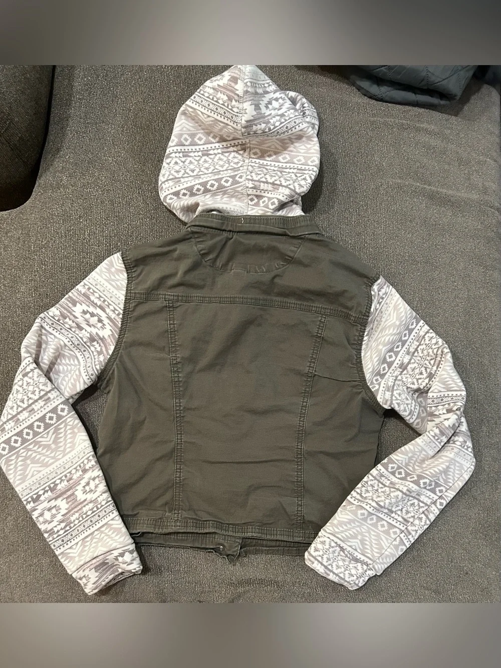 Wallflower Olive Jean Jacket with Gray Patterned Hood & Sleeves
